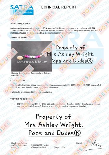 Certification that our Dummy clips meet the requirements of BSEN12586:2007+A1:2011 
 Pops and Dudes 
