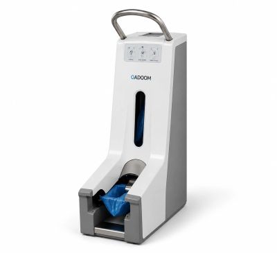 Automatic plastic bag dispenser with a handle and blue bags.