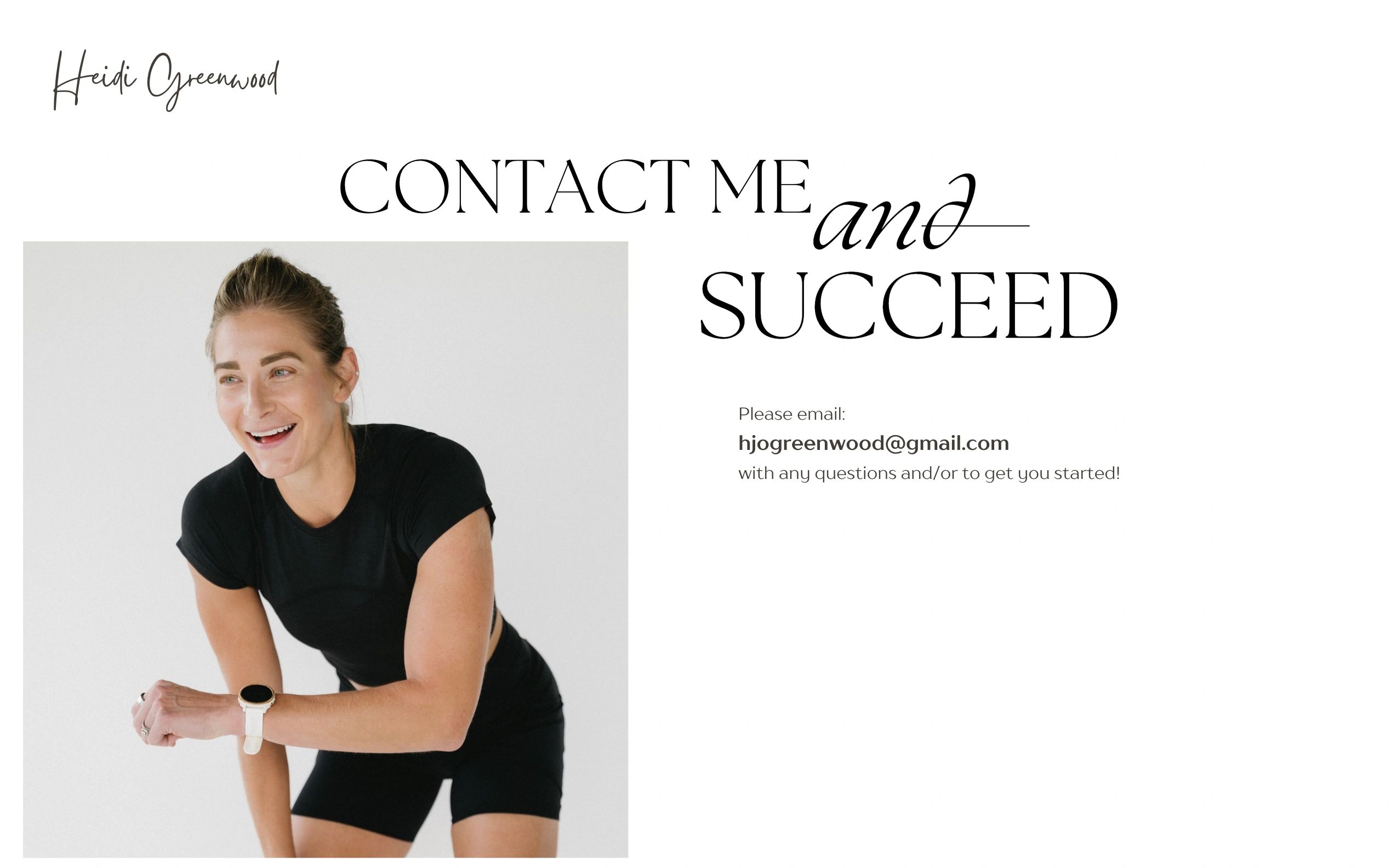 Smiling woman in black workout attire encouraging contact for success.