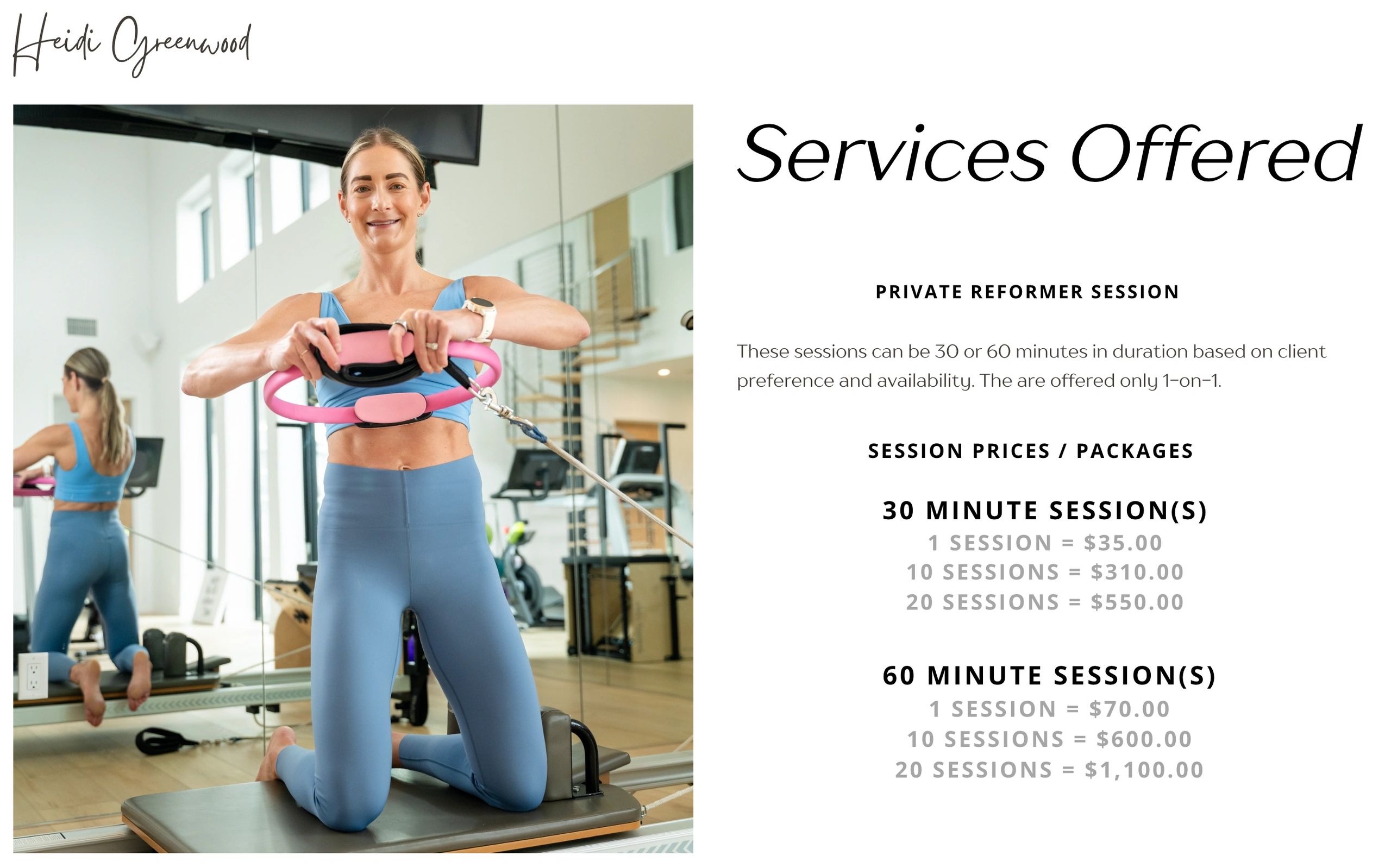 Woman demonstrating a private reformer Pilates session with pricing details.