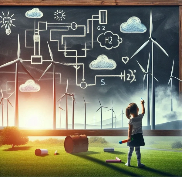 A child draws renewable energy concepts on a large chalkboard with wind turbines in the background.