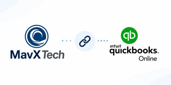 MavX Tech integrates with QuickBooks Online, symbolized by a linking chain icon.