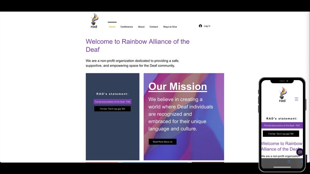 A website homepage of Rainbow Alliance of the Deaf with their mission statement.
