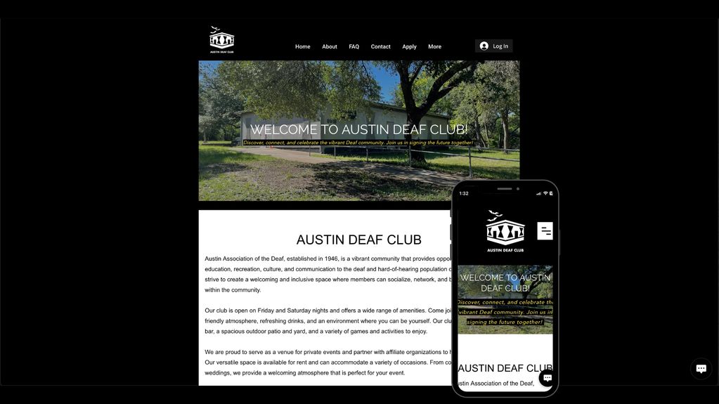 This is a screenshot of the Austin Deaf Club website, featuring a welcome message and information about the club.