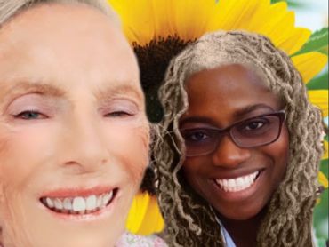 Kind Black Caregiver takes happy photo with client in sunflower background.