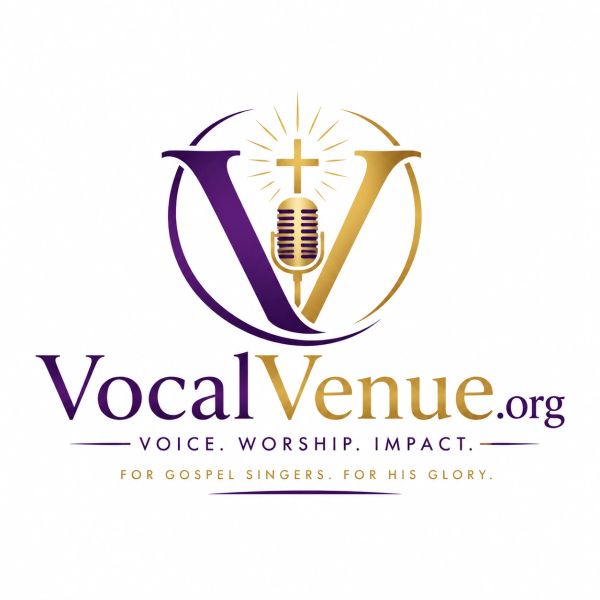 Vocal Venue logo with a microphone, cross, and gold-purple color scheme.