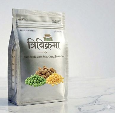 A silver package of frozen foods with images of green peas and sweet corn on it.