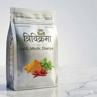 Silver pouch of Haldi, Mirchi, Dhaniya spice blend with coriander and chili images.