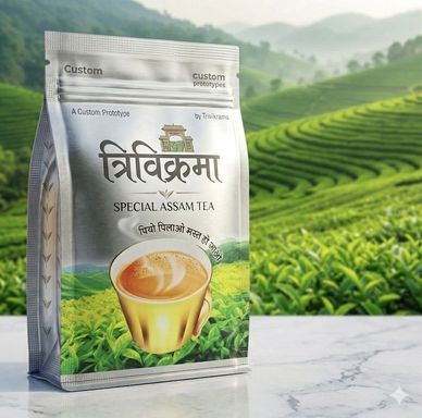A silver packet of Special Assam Tea with a cup image, set against a lush green tea plantation.