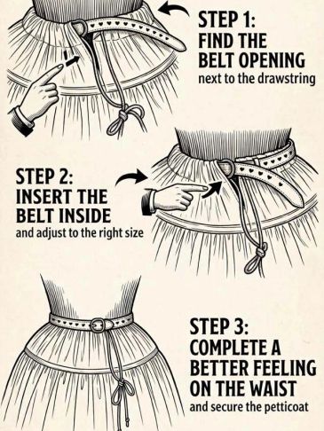 Illustrated steps to wear a belt with a petticoat.