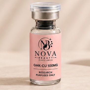 A vial of Nova Beauty Peptides GHK-Cu 100mg for research purposes.