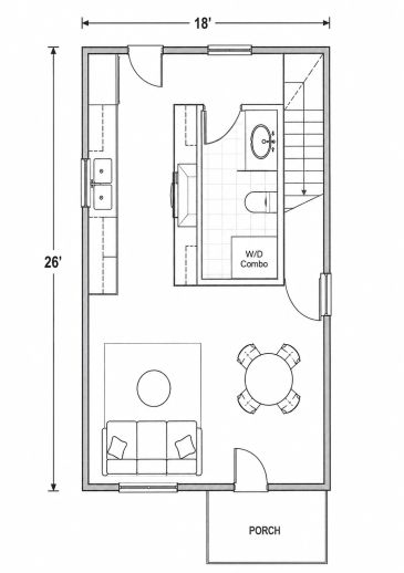 Simple floor plan of a small house with porch.