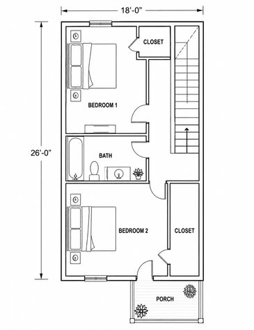 Blueprint of a two-bedroom house with bath and porch.