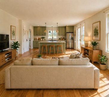 Bright open living room and kitchen with wooden furniture and green accents.