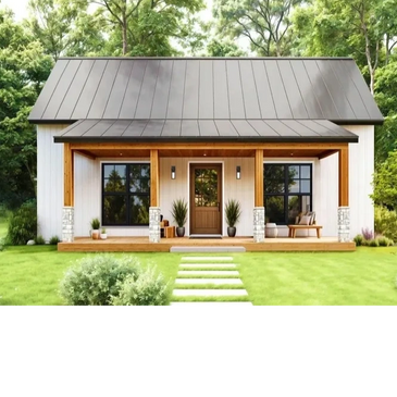 Modern farmhouse with black roof and wooden porch surrounded by greenery.