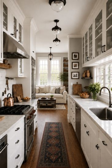 Cozy kitchen with white cabinets and wooden floor.