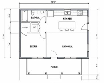 Floor plan of a one-bedroom house with porch.