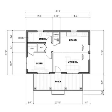 Floor plan of a small house with porch, living room, kitchen, bedroom, and bathroom.