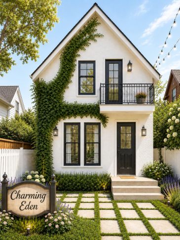 Charming house with greenery and sign.