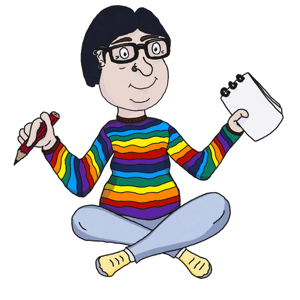 Cartoon of a woman sitting crossed leg holding a pencil in one hand and a notebook in the other