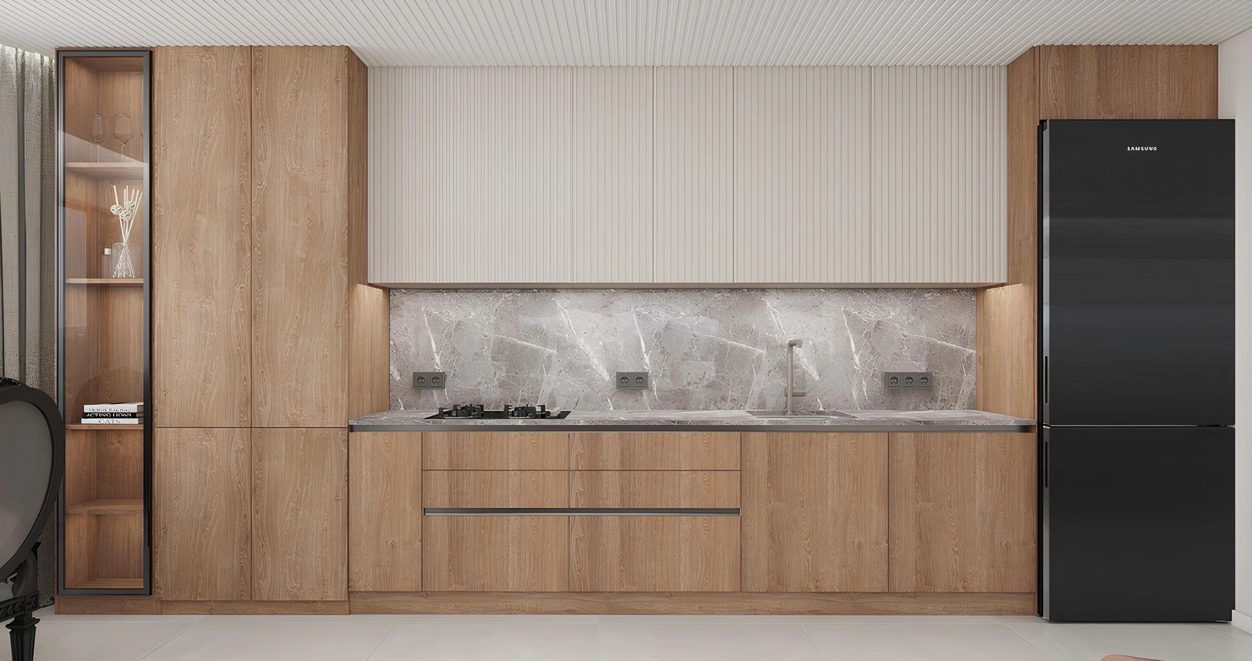 Modern kitchen with wood cabinetry, marble backsplash, reeded uppers and black Samsung refrigerator.
