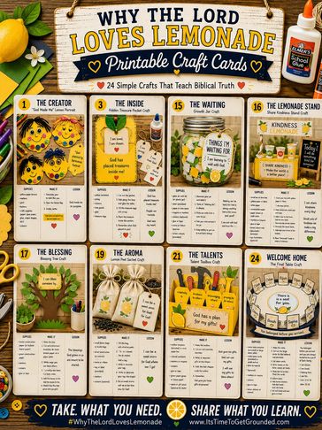 Printable craft cards teaching biblical truths through lemonade themes.