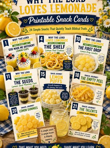 Printable snack cards teaching biblical truths using lemonade-themed snacks.