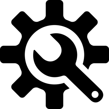A black gear and wrench icon symbolizing settings or tools.