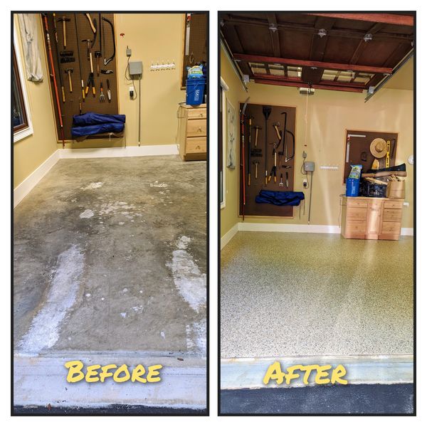 Before and after of recent epoxy floor installation.