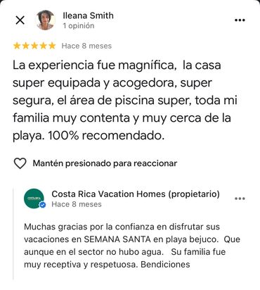 Review praising a well-equipped, secure beach house with a great pool area, highly recommended.