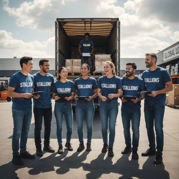 A happy logistics team wearing matching Stallions shirts stands together with clipboards outdoors.