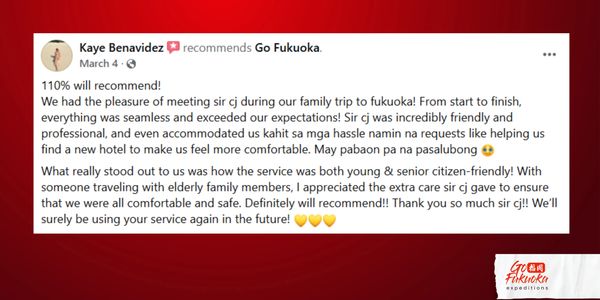 Positive review praising seamless, friendly, and professional service during a Fukuoka family trip.