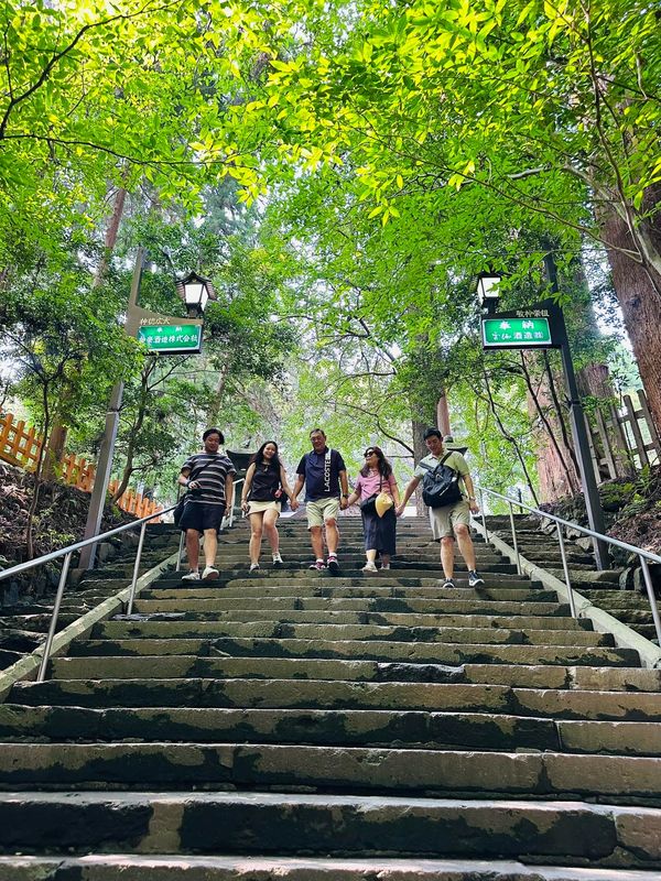 Five people walking down stone steps surrounded by lush green trees.