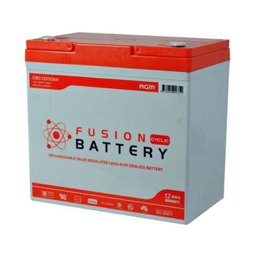 Rechargeable Fusion Battery with red and white casing for cyclic use.