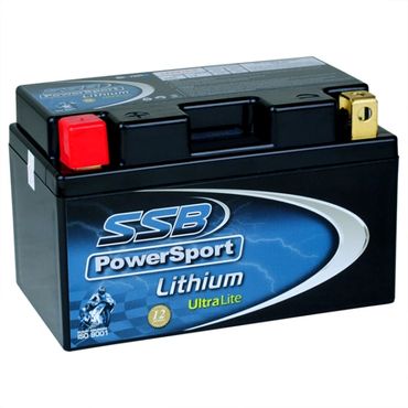 SSB PowerSport Lithium Ultra Lite battery with red and gold terminals.