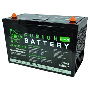 Black Fusion Lithium deep-cycle battery with green text and orange terminals.