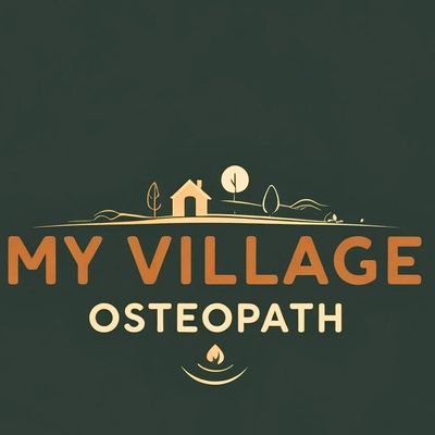 My Village Osteopath logo has a dark green background, orange and cream colours for the writing