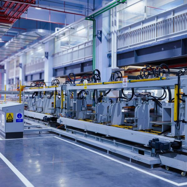 A modern industrial machine setup in a spacious factory with clean floors.