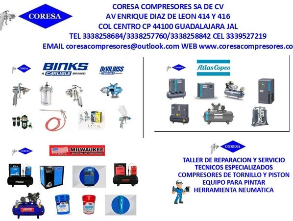 Advertisement for CORESA compressors and pneumatic tools in Guadalajara, Mexico.