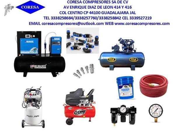 Various air compressors and pneumatic tools with contact info for CORESA company.