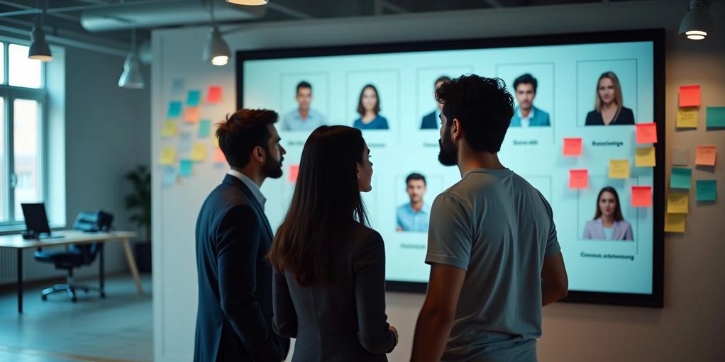 Professionals discussing brand vision with creative portfolios displayed on a screen.