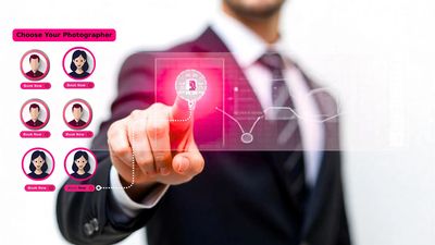 Client browsing and selecting photographers from digital interface to explore portfolios and connect