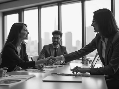 A creative professional shaking hands with a client in a bright studio, symbolizing easy connections