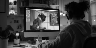 Professional designing 3D animation on screen, showcasing fluid motion and visual storytelling.