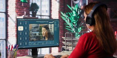Motion graphic artist editing explainer video on computer, simplifying complex ideas