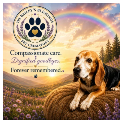 Pet crematory ad with dog, rainbow, and serene landscape.