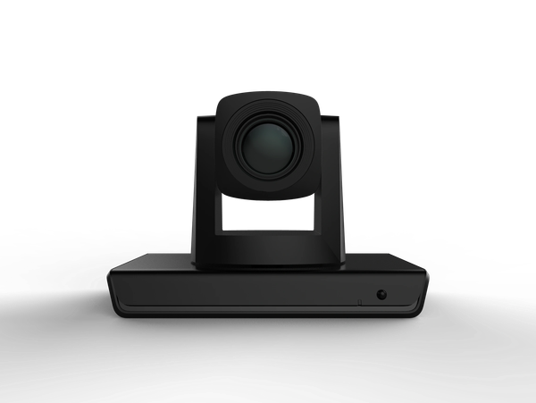 Black webcam with a wide lens on a flat surface.