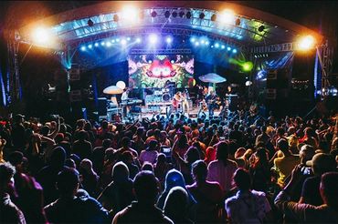 A lively night concert with a large crowd enjoying the music on a brightly lit stage.