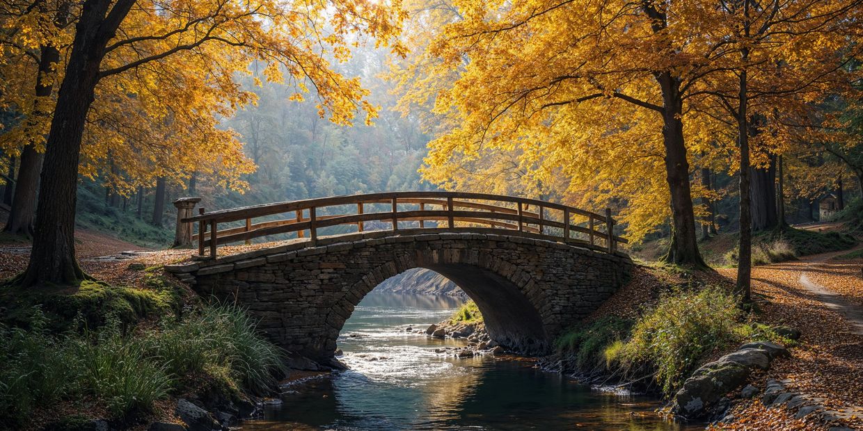 A stone bridge arches over a tranquil stream, surrounded by vibrant autumn