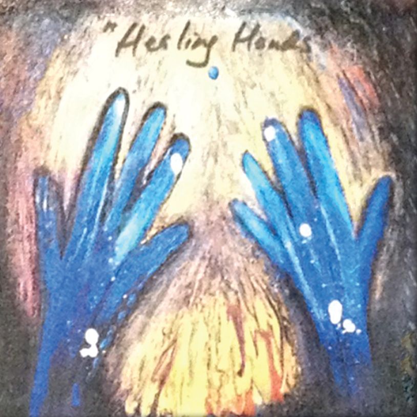 Painting titled 'Healing Hands' shows blue hands over a face.
